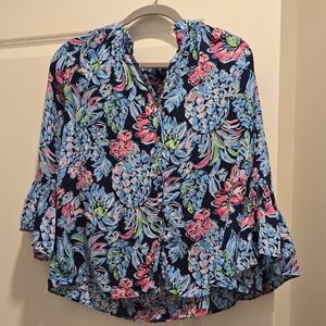 Lilly Pulitzer Blue Floral Blouse with Pink and Green Accents